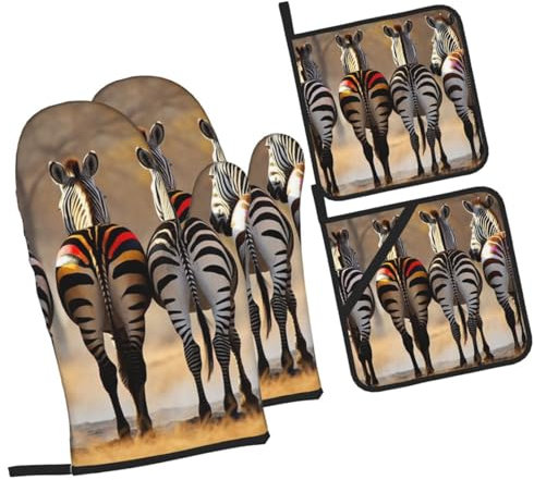 Mitaines De Cuisine Drôle De Dos De Zèbres Résistant À Chaleur Gauntlet Professionnel Maniques Cuisine pour Cuisson Femmes Barbecue,4 Pièces