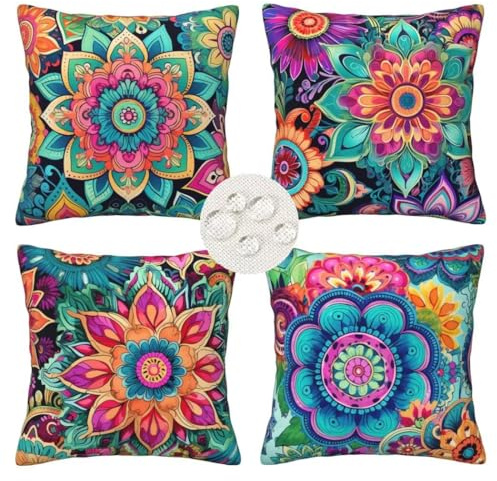 Outdoor Cushions 45cm x 45cm Set of 4 Waterproof Boho Cushion Covers Square Decorative Pillows Flowers Throw Pillow Case with Invisible Zipper for Outdoor Garden Patio Couch Bench 18x18 Inches -LI26