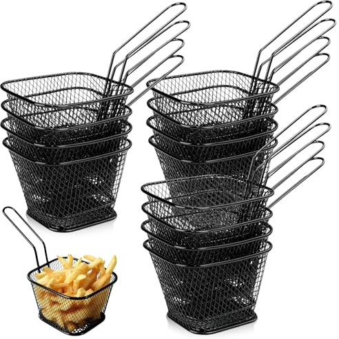 12 stycken pommes-korgar, rostfritt stål friteringskorgar små serveringskorgar med handtag, mini fritdjurskorgar, pommekorgar, mini kvadratiska chipkorgar metall fritös serverad för pommes, lökringar
