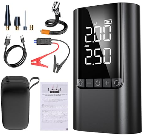 Démarreur de Saut de Voiture, Pompe à Air Portable, Batterie de Secours, lumière LED 12V, pour Voitures, Motos, vélos (10 000 mAh, Clips intelligents, Sac EVA)
