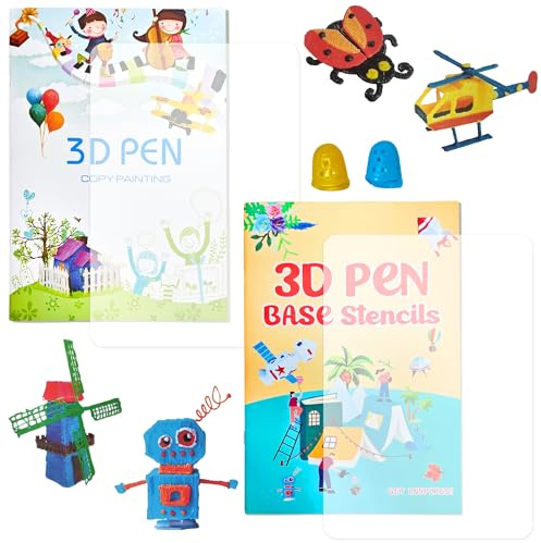 2 Stück 3D-Druck-Zeichenbuch Set mit 105 Mustern, Wiederverwendbare Schablonen für 3d Stift, Transparente Platte, Fingerlinge, 3d Stift Zubehör, Painting Template, Ideal für DIY Projekte und Graffiti