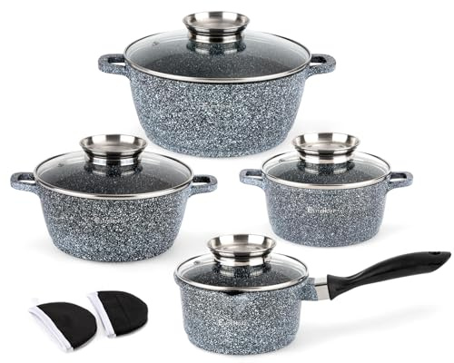 EliteHoff Induktion Topfset mit Stieltopf, 9-tlg Kochgeschirr-Set 16/16/20/24 cm, Kochtopf mit Deckel, Topf Aluminium, Antihaft Kochgeschirr für alle Herdarten, Spülmaschinenfest, PFOA-frei (Grau)