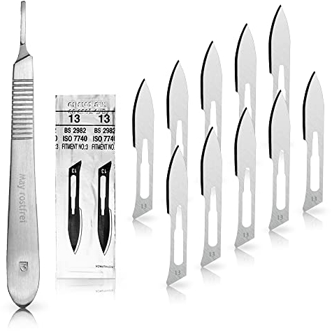 Set - 10 piezas hojas de bisturí No. 13 y mango de bisturí No. 3 - Hojas de repuesto para bisturí hechas de acero al carbono - Estéril