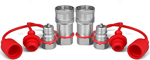 1/4 NPT ISO 7241-B Hydraulic Quick Connect Couplers/Couplings w/Dust Caps,1/4” Body Size + 1/4” NPT Thread Poppet Valve