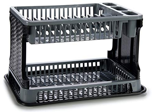 TIENDA EURASIA® Escurreplatos de Plastico - Escurridor de Platos 2 Alturas con Bandeja - Textura Ratan - Gran Capacidad y Resistencia - 30,3 x 8,5 x 44,5 cm (Gris)
