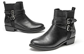 VJH confort Women's Ankle Boots,Round Toe Low Heel Comfort Elastic Booties with Side Zipper Buckle Strap (black,8)