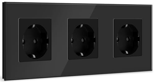 BSEED Schuko Steckdose 3 Fach Kristall Glas Platte Steckdose 16Amp Unterputzsteckdose Schwarz Verlängerungssteckdosen Wandsteckdose-228mm