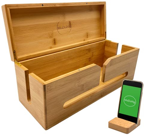 MaDaNg Cable Tidy Box Wood - 37x14x14cm Cable Management Box Large for Storage Extension Lead - Wire Tidy Cable Box - Bamboo Storage Box with hinged lid -Suitable for Organising Home and Office