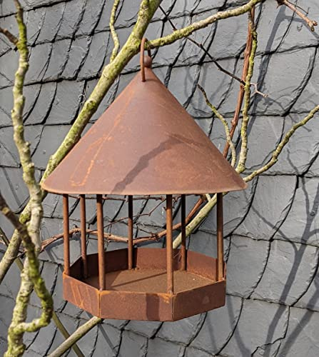 terracotta-toepfe-de Vogelhaus 30 cm hoch mit Haken zum Aufhängen aus Metall in Edelrost Garten Futterhaus Sommer Vögel Balkon Deko