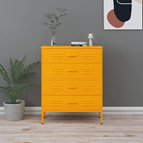 Gecheer Kommode mit Schubladen Schubladenschrank Sideboard Beistellschrank Anrichte Mehrzweckschrank Bücherschrank Metallschrank Senfgelb 80x35x101,5 cm Stahl