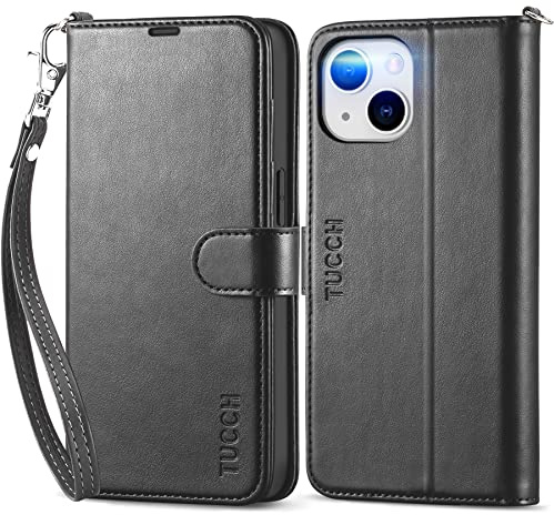 TUCCH Wallet Case with Wrist Strap for iPhone 14 (6.1), Black | 4 Card Holders, RFID Blocking, Viewing Stand, Shockproof TPU Shell, Premium PU Leather, Magnetic Closure, Folio Flip Cover