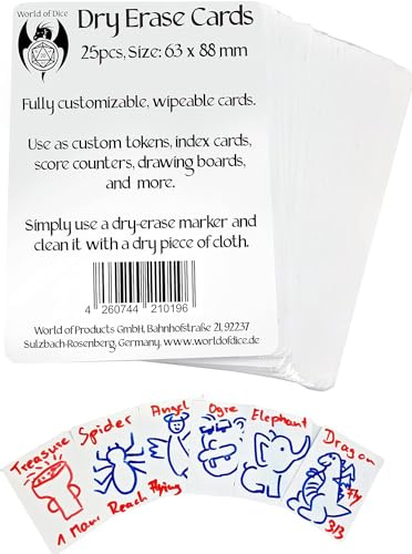 World of Dice - Dry Erase Token Set - 100 wiederbeschreibbare Blanko Karten für z. B. Magic The Gathering (MTG Tokens), Dungeons & Dragons (Spell Cards), eigene Kartenspiele (100 Stück (63 x 88 mm))