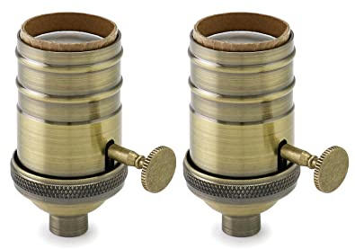 QWORK E26/E27 Lamp Socket, On/Off Vintage Rotary Turn Knob, Antique Brass Tabletop Incandescent Lamp Base Repair Kit with Switch Knob, Set of 2