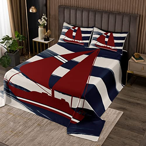 Copritrapuntato nautico barca a vela stampato blu a righe rosse copriper ragazzi ragazze bambini oceano copertura a tema mare avventura estate camera di vacanza arredamento formato 2 pezzi170X230cm