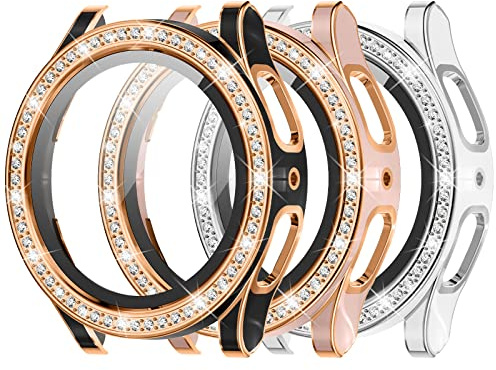 [3Stück] Kamita Diamanten Hülle für Samsung Galaxy Watch 5/Watch 4 44mm, PC Bumper Schutzhülle mit Hartglas Displayschutzfolie, Displayschutz Cover für Galaxy Watch5/Watch4 (Silber+Schwarz+Roségold)