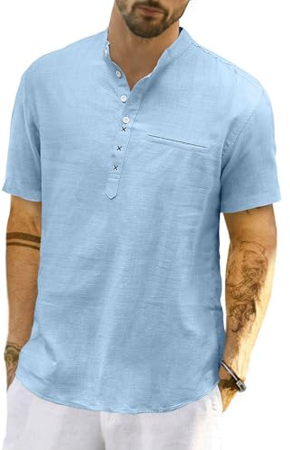 LVCBL Herr casual bomull linne kortärmad henley-skjorta sommar lätt bandad krage strandtoppar M-3XL, blå, L