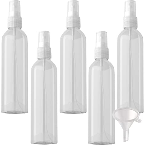 PQPAUTY 5 Piezas Pequeño 250ml Botella de Spray Plástico PET Vacías Transparentes con Bomba en Spray Transparentes de Niebla Atomizador para Perfume Viaje Artículos de Agua Cosmético, 1 Pieza Embudo