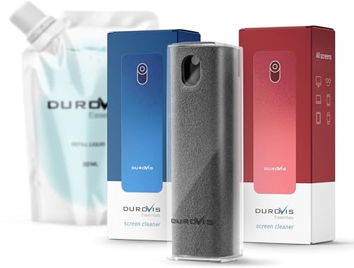 Display Reiniger Durovis Essentials, Screen Cleaner, Bildschirmreiniger mit Mikrofasertuch inklusive 50ml Glasreiniger ohne Alkohol für Auto/Smartphone/Laptop/Tablet (blau, grau, rot, 3er Set)