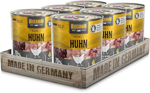 BELCANDO Baseline Nassfutter für Hunde, Huhn, 6X 800g Dose, 70% Fleisch für ausgewachsene Hunde, Hundefutter nass ohne Getreide, Made in Germany