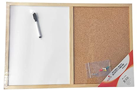 Tradineur - Pizarra combinada doble uso, tablero mixto blanco y corcho, 59 x 39,5 cm, marco de madera, rotulador borrado en seco, chinchetas y argollas para colgar, oficina, cocina, hogar