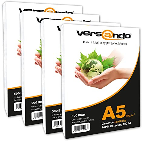 versando 20.000 Blatt Recyclingpapier DIN A5 EcoWhite 80g Kopierpapier Druckerpapier Öko Umweltpapier (148 x 210 mm) 4 Kartons