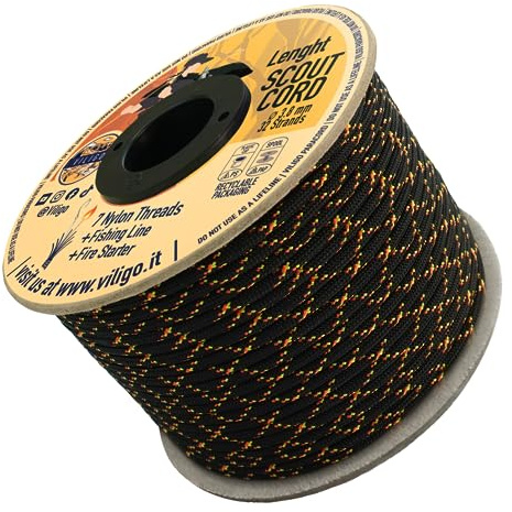 VILIGO Scout Cord Nylon fläta (3,8 mm) - bestående av 7 nylontrådar, 1 lina och 1 Jute String - Survival Rope för camping och utomhusaktiviteter (30 m, Night Storm)