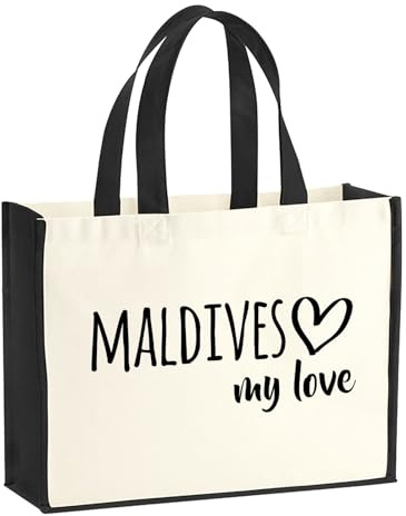 Huuraa Jutetasche Maldives my love Geschenk | Großer Shopper 21 Liter Juteshopper Black Tasche aus Jute und Baumwolle Einkaufstasche Geschenkidee Tragetasche mit Motiv