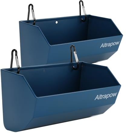 Altrapow Ziegenfutterstation zum Aufhängen, 4,5 l [Material des Metalls] mit Clips und Nylon-Bindewickeln, Zaun-Futterstation [robust und langlebig] für Ziege, Schwein und Hund, Blau, 2 Stück