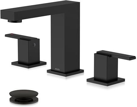 KENES Black Widespread Bathroom Faucet 3 Hole Bathroom Sink Faucet Matte Black Two Handle, 8-Inch 3 Pieces Bathroom Vanity Faucet with Pop Up Drain & Supply Lines, KE-9050-2-P