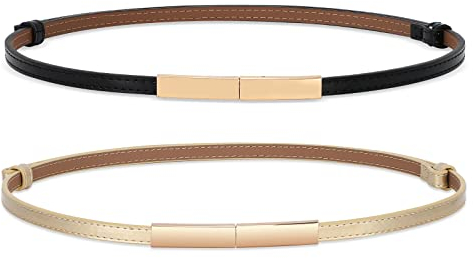 WHIPPY 2 Stück schmal Gürtel Damen Verstellbarer dünner Taillengürtel Schmaler Ledergürtel mit goldene Schnalle für Kleid，Schwarz+Gold，120cm