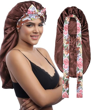 MBJERRY Satin Bonnet Lange Seidenhaarhaube zum Schlafen - Verstellbare Satin Haarhaube für Die Nacht Atmungsaktive Schlafhaube Seide für Damen(Braun)