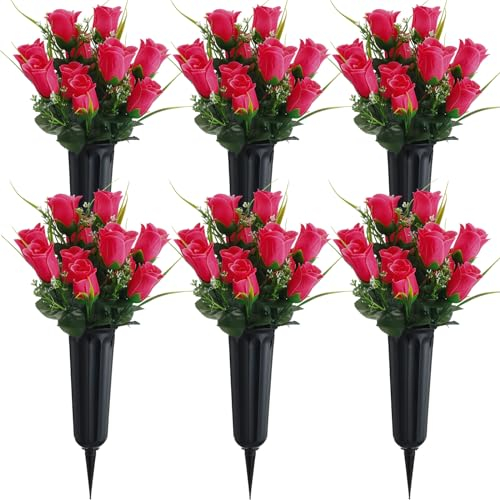 Tigeen 6 juegos de flores artificiales de cementerio para tumba, Día de los Caídos, ramo de rosas de 84 cabezas, decoración de flores de cementerio de seda con jarrón de tumba para funeral al aire