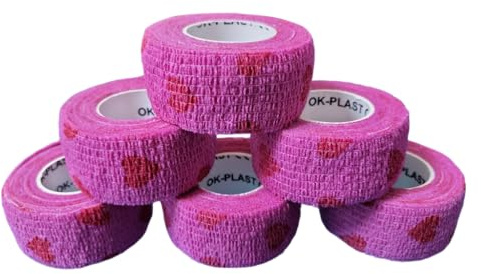 6 x Ok-plast Fingerpflaster 2,5 cm Breit | Selbsthaftend | Klebt nicht auf Haut & Haare | für Mensch & Tier (6 Rollen, Pink mit Herz)