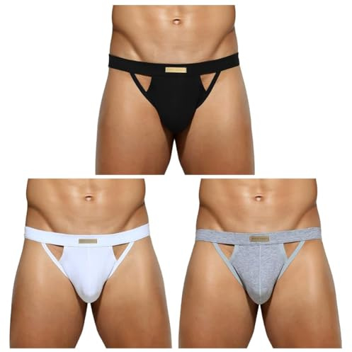 Alienjoy Jockstrap stringtrosa för män sexiga män G-string underkläder stretch bomull trosor stringtrosa atletisk supporter sport kalsonger, Svart/vit/grå (förpackning med 3), L
