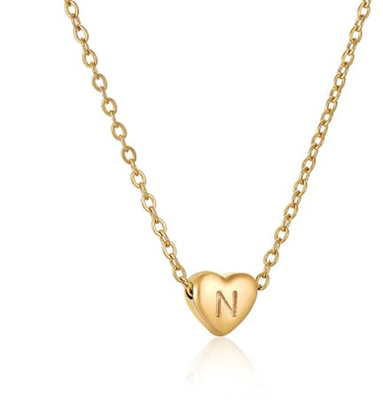Kette Herz mit Buchstaben Halskette Damen Gold Kette Damen Personalisiere Kette mit Namen Initialen A-Z Edelstahl Herzkette Freundschaftskette Schmuck Geschenk für Frauen Mädchen Mama Freundin (N)