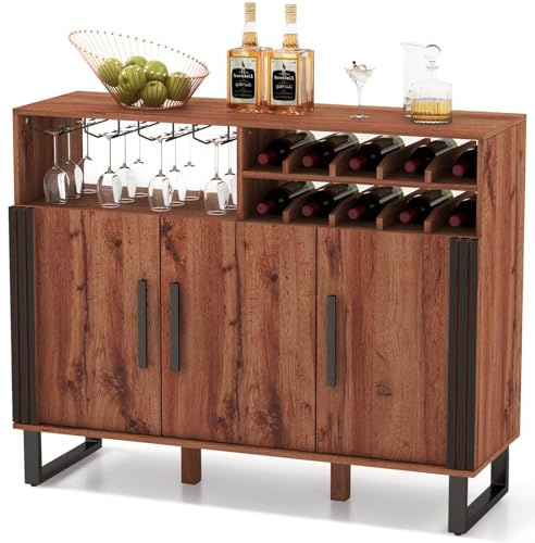 COSTWAY Wooden Storage Cabinet, Kitchen Buffet Sideboard with 2-tier Wine Rack, 4-row Glass Holder, 3 Door & Adjustable Shelf, Freestanding Wine Bar Cabinet for Dining Room, Living Room