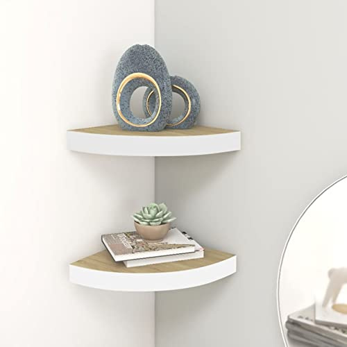 Vopese 2 STK. Eckwandregal Eckregal Eck Schweberegale Hängeregal Wandregal Eckboard Regal Möbel Bad Küche Büro Eiche und Weiß 35x35x3,8 cm MDF