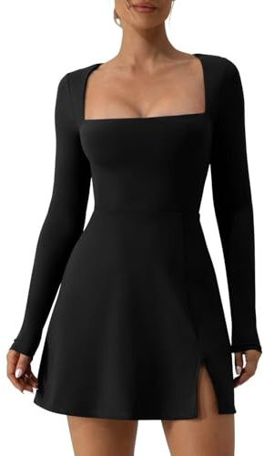 Qianderer Womens Square Neck Bodice Dress Long Sleeve Side Slit A-Line Flare Mini Dresses Cocktail Party Club Dress (Black, XL)
