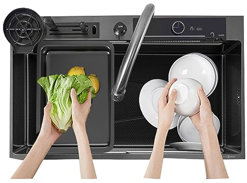 Lavello da cucina Feiyu Lavello a cascata Nano a nido d'ape in rilievo Lavastoviglie sottopiano Lavabo da cucina (Colore : Nero, Dimensioni : 68 * 46CM)