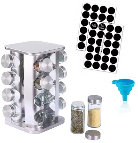 Portaspezie rotante a 360°, organizer per condimenti con etichette cancellabili e imbuto, carosello quadrato autoportante per cucina (16 vasetti)