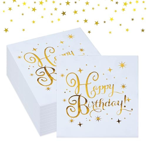 30 Pcs White & Gold Star Napkins with Polka Dots - 33x33cm Party Serviettes for Birthday Decoration, Boys & Girls