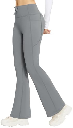 baleaf - Pantalones térmicos de yoga para mujer con cintura alta, estilo acampanado, para invierno, forro polar, con cordón, leggings térmicas estilo bota, pierna ancha, calentando, con bolsillos