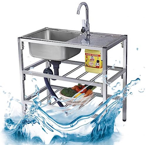 Freistehendes Spülbecken mit Einzelbecken, freistehendes Gastronomie-Spülbecken mit Werkbank und Lagerregalen, mit Wasserhahn für Restauranträume, Garagen, Keller, Außen- und Innenbereich.