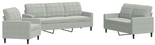 Willood 3 Sitzer + 2 Sitzer Sofa + Sessel Sofagarnitur mit Kissen Hellgrau Samt