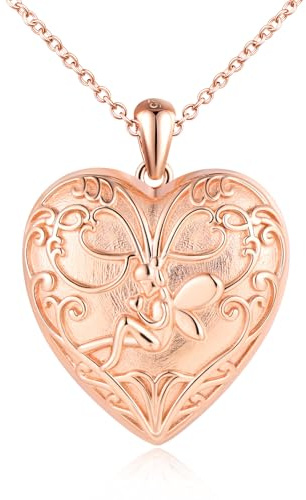 Herz Foto Kette Silber 925 mit Bild: Halskette Damen Engel Medaillon zum Öffnen für Bilder - Mode Blumenfee Anhänger Ketten Amulett Schmuck - Personalisierte Geschenk für Frauen Mama Freundin Mädchen