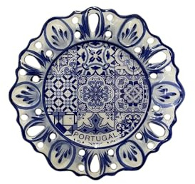 Portugal Azulejos handbemalte runde Keramikplatte Wanddekoration zum Aufhängen, portugiesische Azulejoes-Keramik, schönes Geschenk aus Portugal (hellblau)