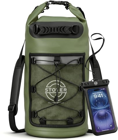 STOVER 5/10/25/30/40L Waterproof Dry Backpack & Phone Case- Large Floating Dry Bag for Kayaking, Travel, Hiking, Fishing, Camping, Motorcycles & Beach, Heavy-Duty Roll Top Men/Women (Green)