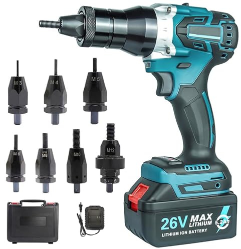 Juego de herramientas inalámbricas de tuerca de remache – Pistola de remache eléctrica portátil con batería de 26 V y cargador, incluye funda de transporte, compatible con tuercas de remache M3 a M12