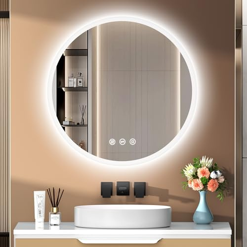 PESENXAN Runder Spiegel mit Beleuchtung, Led Spiegel Bad mit 3 Lichtfarben Dimmbar, Antibeschlag, Touch-Schalter und Speicherfunktion, Badezimmerspiegel mit Beleuchtung Rund 80x80cm