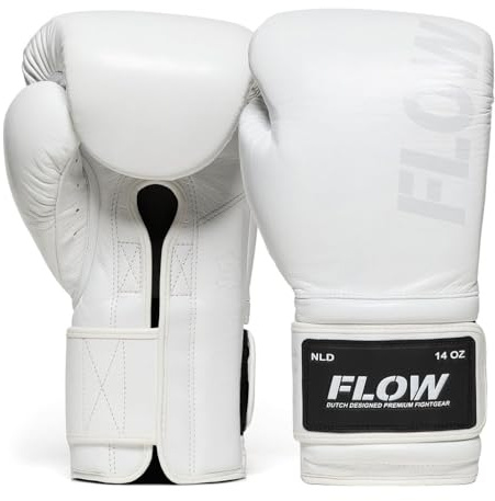 Flow Challenge Guantes de Boxeo de Cuero Genuino, Sparring y Entrenamiento, Muay Thai, Kickboxing, MMA, Artes Marciales, Hombres y Mujeres - Blanco - 12oz